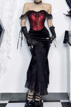 Y2K Gothic Velvet Lace Asymmetrical Skirt - Retro 90s Grunge, Pastel Goth, Summer Y2K Outfits