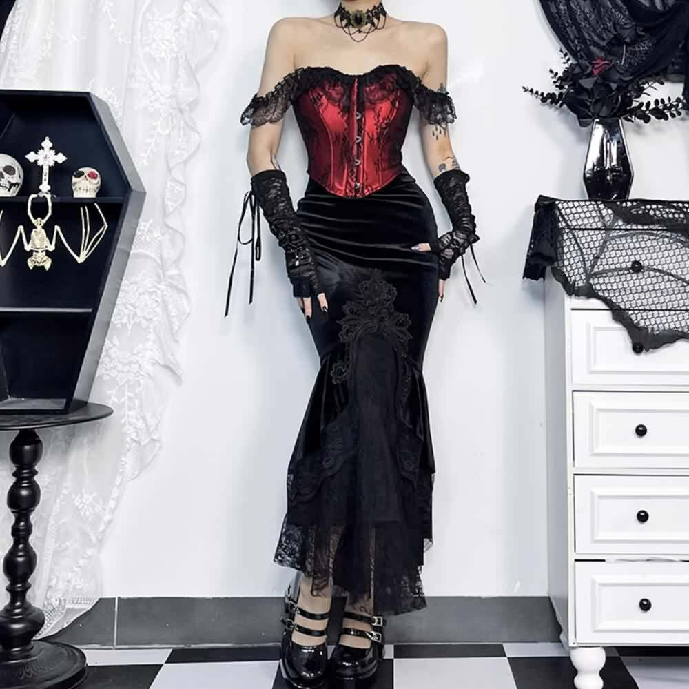 Y2K Gothic Velvet Lace Asymmetrical Skirt - Retro 90s Grunge, Pastel Goth, Summer Y2K Outfits