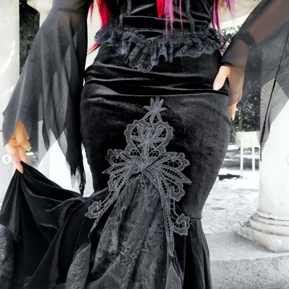 Y2K Gothic Velvet Lace Asymmetrical Skirt - Retro 90s Grunge, Pastel Goth, Summer Y2K Outfits