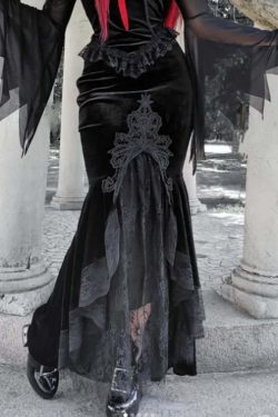 Y2K Gothic Velvet Lace Asymmetrical Skirt - Retro 90s Grunge, Pastel Goth, Summer Y2K Outfits
