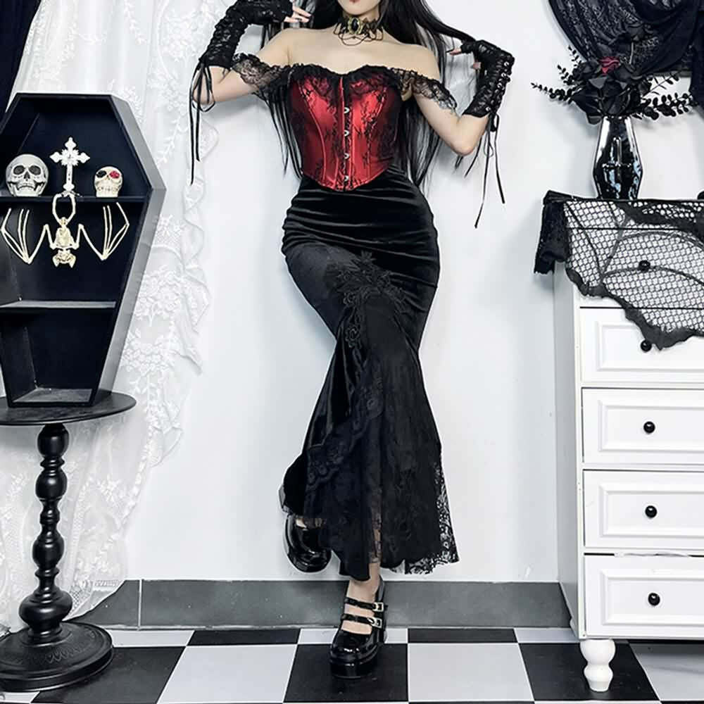 Y2K Gothic Velvet Lace Asymmetrical Skirt - Retro 90s Grunge, Pastel Goth, Summer Y2K Outfits