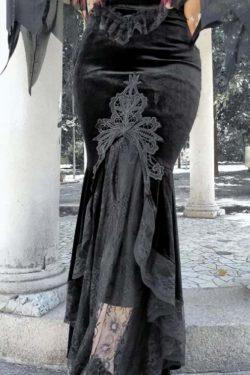 Y2K Gothic Velvet Lace Asymmetrical Skirt - Retro 90s Grunge, Pastel Goth, Summer Y2K Outfits