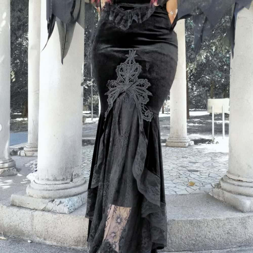 Y2K Gothic Velvet Lace Asymmetrical Skirt - Retro 90s Grunge, Pastel Goth, Summer Y2K Outfits
