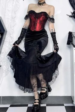 Y2K Gothic Velvet Lace Asymmetrical Skirt - Retro 90s Grunge, Pastel Goth, Summer Y2K Outfits