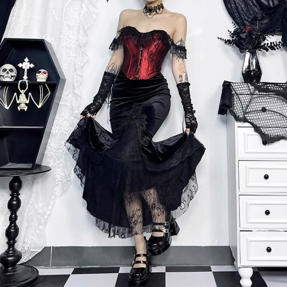 Y2K Gothic Velvet Lace Asymmetrical Skirt - Retro 90s Grunge, Pastel Goth, Summer Y2K Outfits