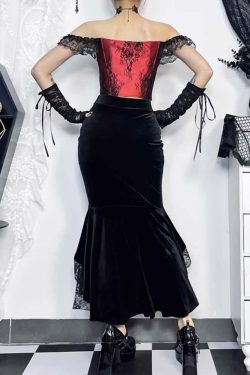 Y2K Gothic Velvet Lace Asymmetrical Skirt - Retro 90s Grunge, Pastel Goth, Summer Y2K Outfits