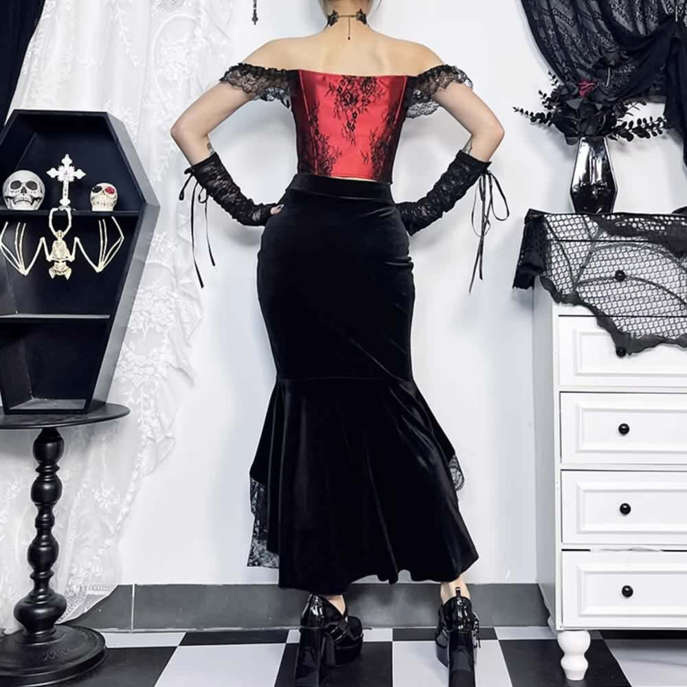 Y2K Gothic Velvet Lace Asymmetrical Skirt - Retro 90s Grunge, Pastel Goth, Summer Y2K Outfits