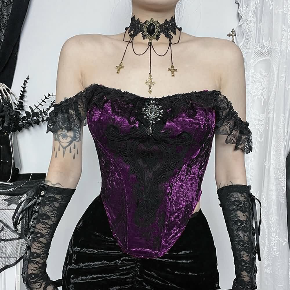 Y2K Gothic Velvet Lace Crop Top - Retro 90s Grunge, Pastel Goth, Y2K Party & Club Outfits