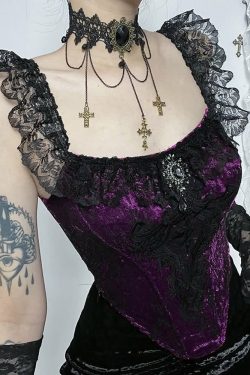 Y2K Gothic Velvet Lace Crop Top - Retro 90s Grunge, Pastel Goth, Y2K Party & Club Outfits