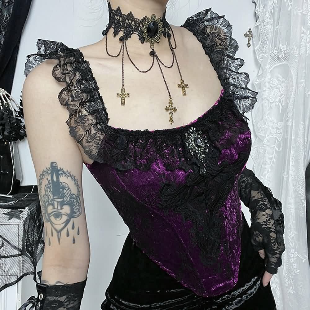 Y2K Gothic Velvet Lace Crop Top - Retro 90s Grunge, Pastel Goth, Y2K Party & Club Outfits