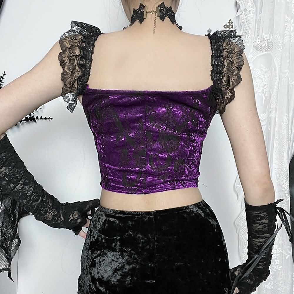 Y2K Gothic Velvet Lace Crop Top - Retro 90s Grunge, Pastel Goth, Y2K Party & Club Outfits