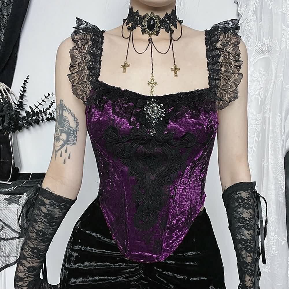 Y2K Gothic Velvet Lace Crop Top - Retro 90s Grunge, Pastel Goth, Y2K Party & Club Outfits