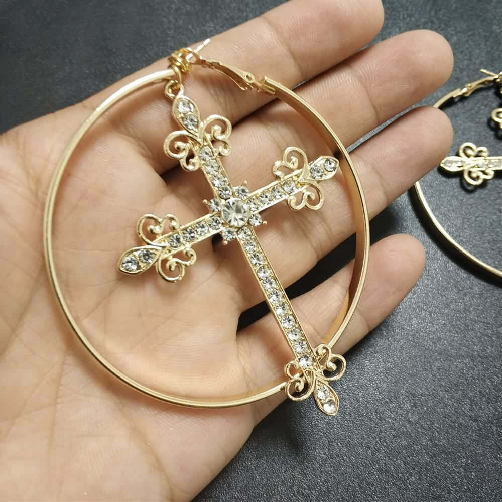 Y2K Gothic Victorian Cross Hoop Earrings - Retro 90s Grunge Fashion for Y2K Outfits