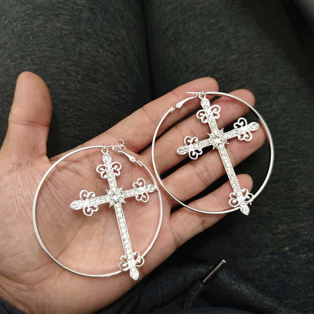 Y2K Gothic Victorian Cross Hoop Earrings - Retro 90s Grunge Fashion for Y2K Outfits