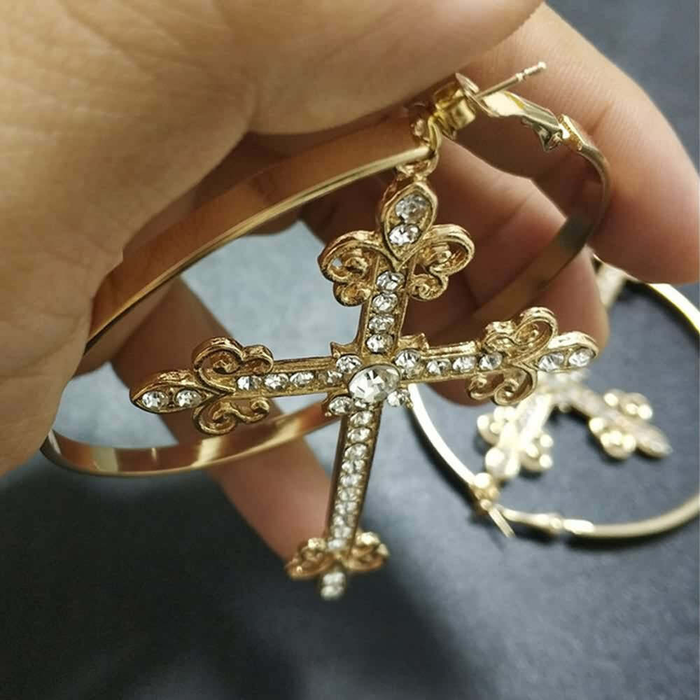 Y2K Gothic Victorian Cross Hoop Earrings - Retro 90s Grunge Fashion for Y2K Outfits