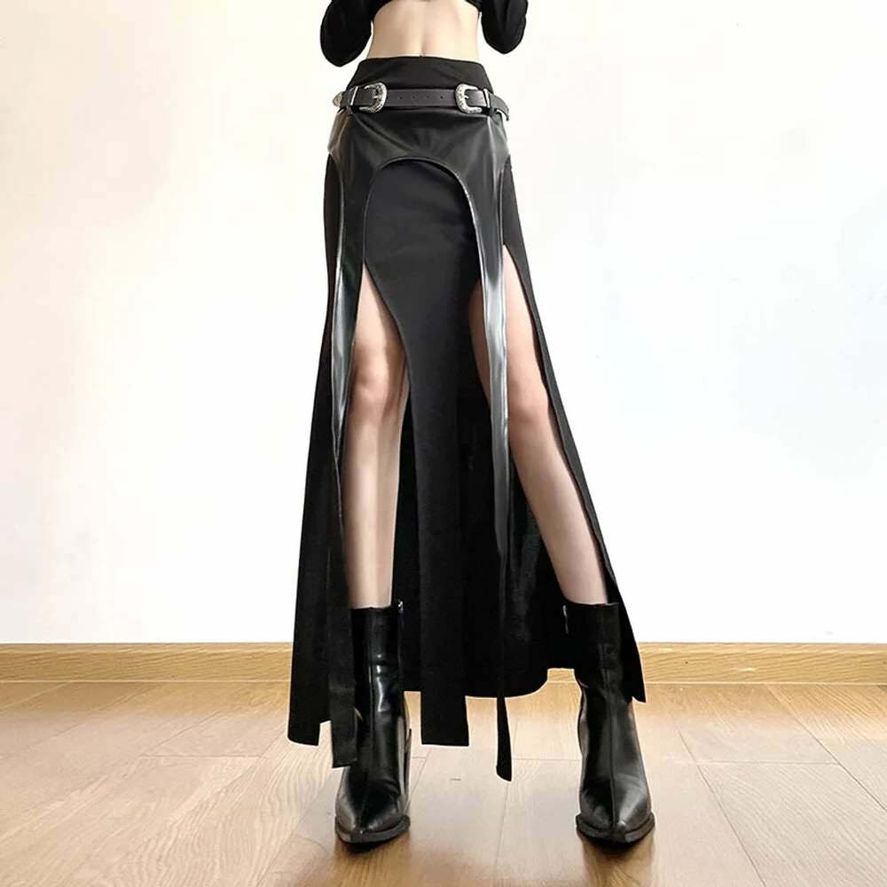 Y2K Gothic Viking Double Slit Maxi Skirt - Retro 90s Grunge, Summer Y2K Outfits, Pastel Goth