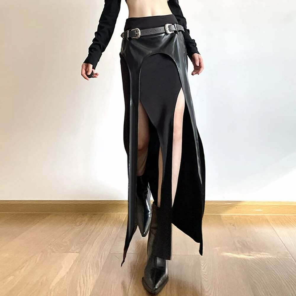 Y2K Gothic Viking Double Slit Maxi Skirt - Retro 90s Grunge, Summer Y2K Outfits, Pastel Goth