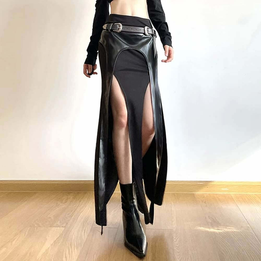 Y2K Gothic Viking Double Slit Maxi Skirt - Retro 90s Grunge, Summer Y2K Outfits, Pastel Goth
