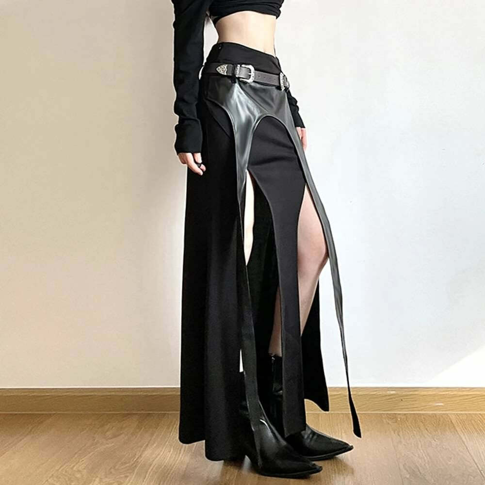 Y2K Gothic Viking Double Slit Maxi Skirt - Retro 90s Grunge, Summer Y2K Outfits, Pastel Goth