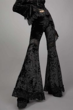Y2K Gothic Widow Lace Bell Bottom Pants - Retro 90s Grunge, Summer Y2K Outfits, Pastel Goth