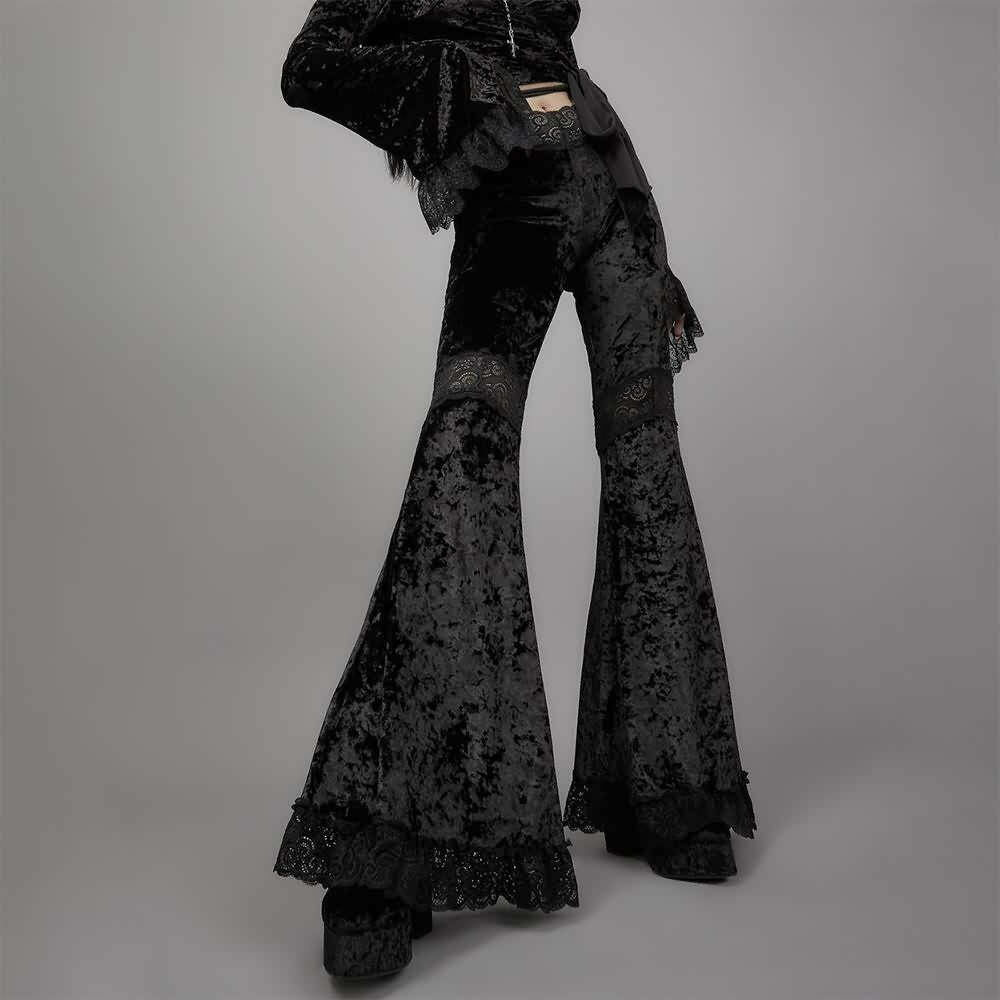 Y2K Gothic Widow Lace Bell Bottom Pants - Retro 90s Grunge, Summer Y2K Outfits, Pastel Goth