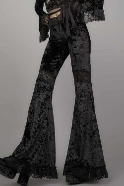 Y2K Gothic Widow Lace Bell Bottom Pants - Retro 90s Grunge, Summer Y2K Outfits, Pastel Goth