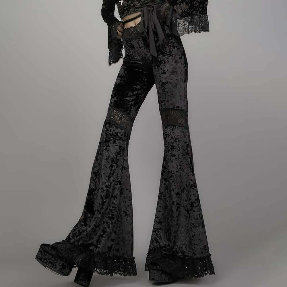 Y2K Gothic Widow Lace Bell Bottom Pants - Retro 90s Grunge, Summer Y2K Outfits, Pastel Goth