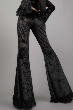 Y2K Gothic Widow Lace Bell Bottom Pants - Retro 90s Grunge, Summer Y2K Outfits, Pastel Goth