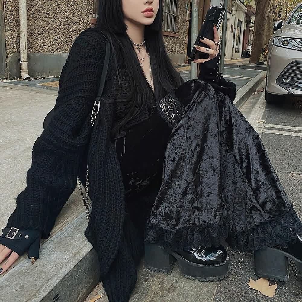 Y2K Gothic Widow Lace Bell Bottom Pants - Retro 90s Grunge, Summer Y2K Outfits, Pastel Goth