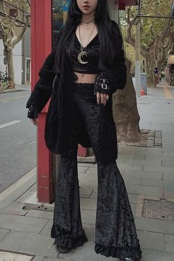 Y2K Gothic Widow Lace Bell Bottom Pants - Retro 90s Grunge, Summer Y2K Outfits, Pastel Goth