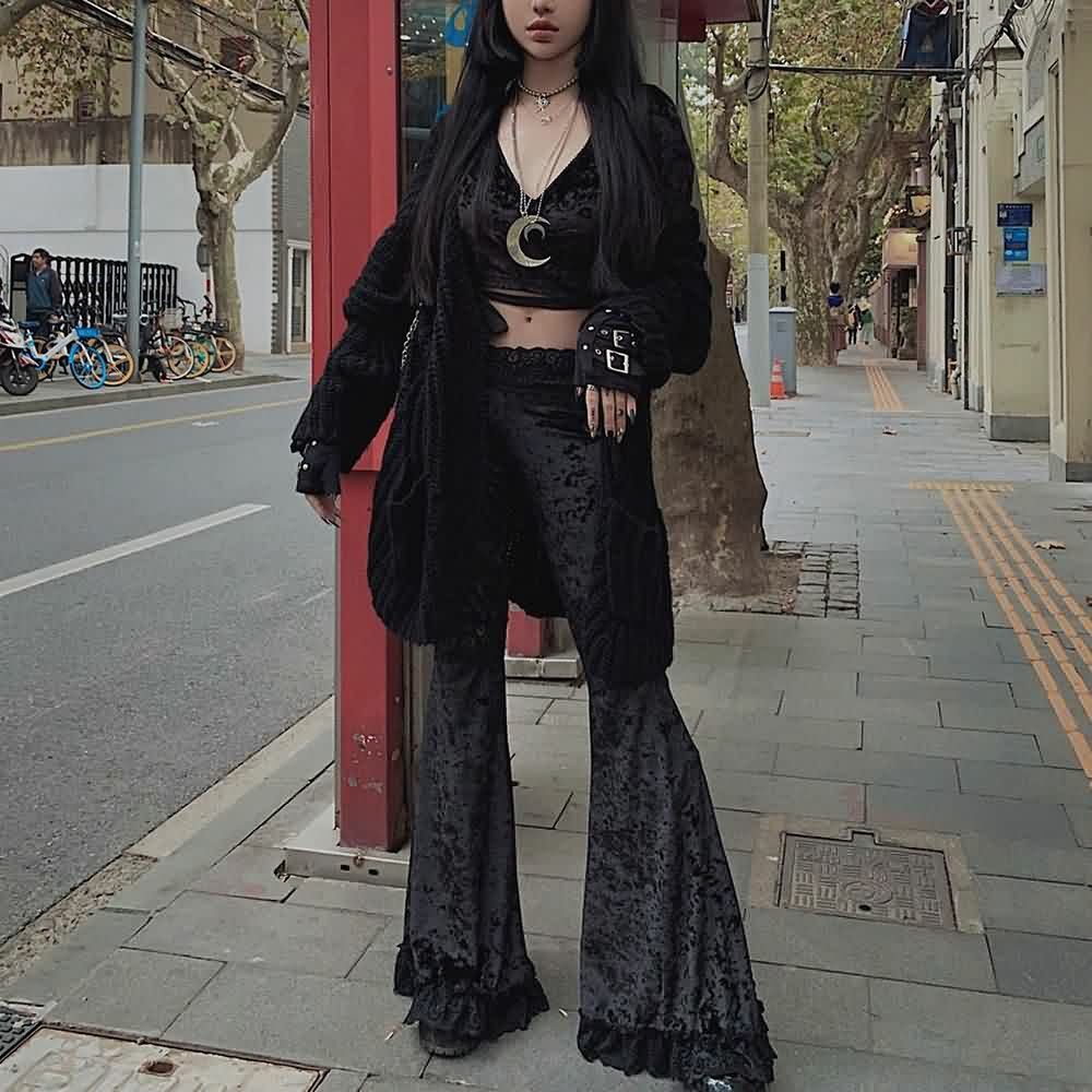 Y2K Gothic Widow Lace Bell Bottom Pants - Retro 90s Grunge, Summer Y2K Outfits, Pastel Goth