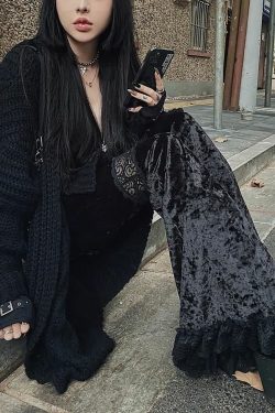 Y2K Gothic Widow Lace Bell Bottom Pants - Retro 90s Grunge, Summer Y2K Outfits, Pastel Goth