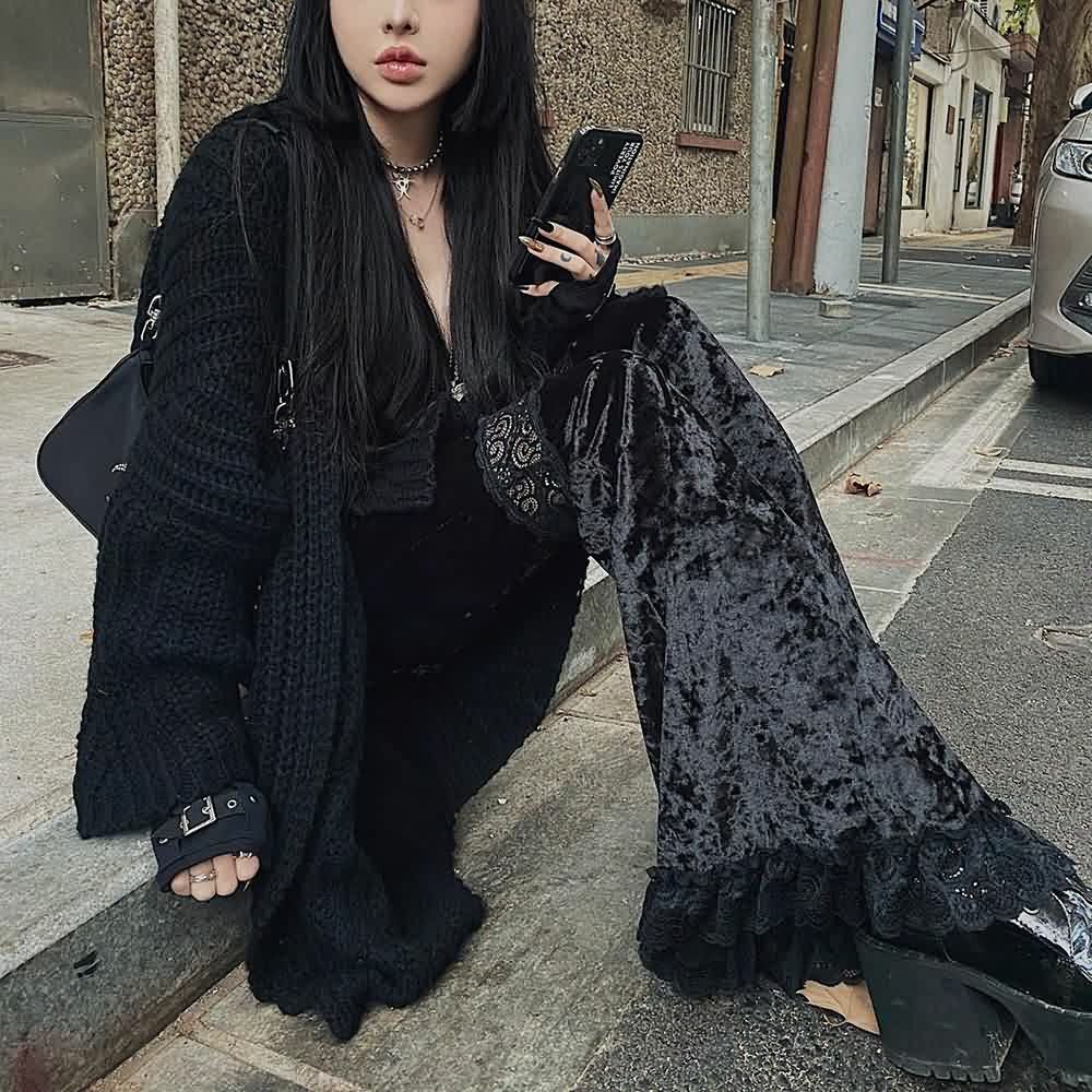 Y2K Gothic Widow Lace Bell Bottom Pants - Retro 90s Grunge, Summer Y2K Outfits, Pastel Goth