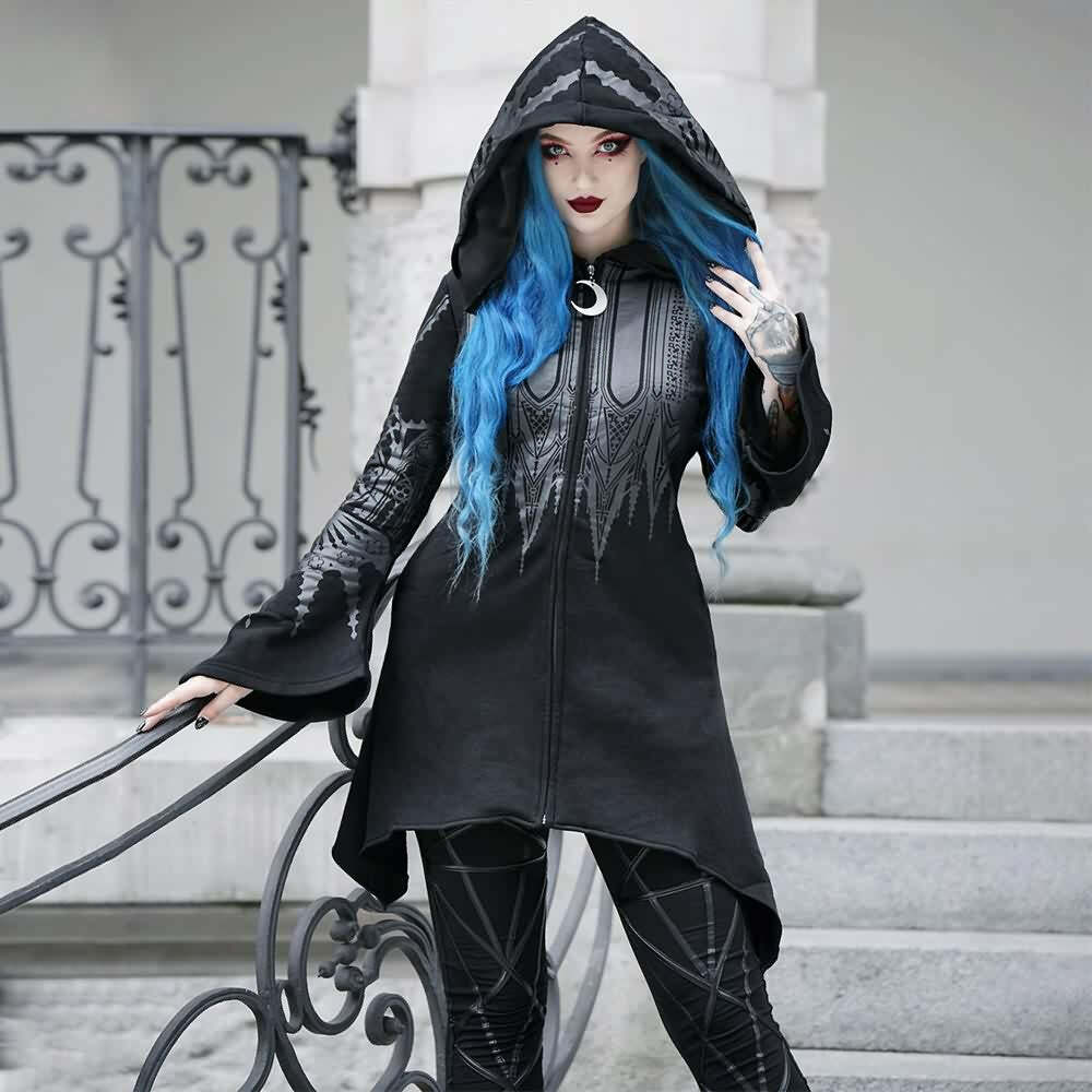 Y2K Gothic Witch Zip Up Hoodie - Retro 90s Grunge, Pastel Goth, Y2K Fashion for Women