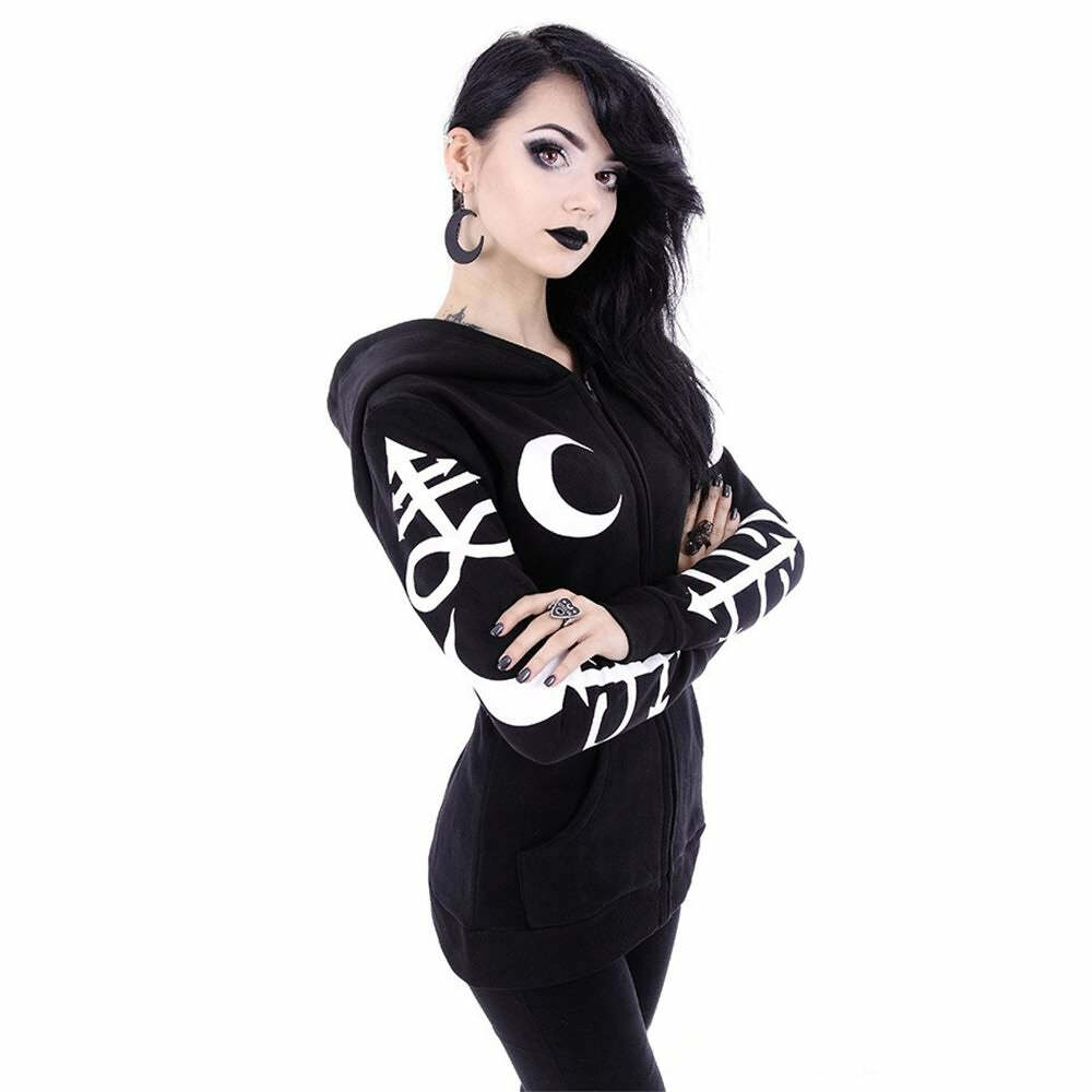 Y2K Gothic Witchcraft Zip Up Hoodie - Retro 90s Grunge Fashion, Pastel Goth, Y2K Club Outfits