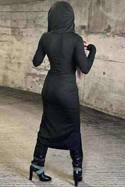 Y2K Gothic Witchy Hooded High Low Bodycon Dress - Retro 90s Grunge Summer Party Outfit