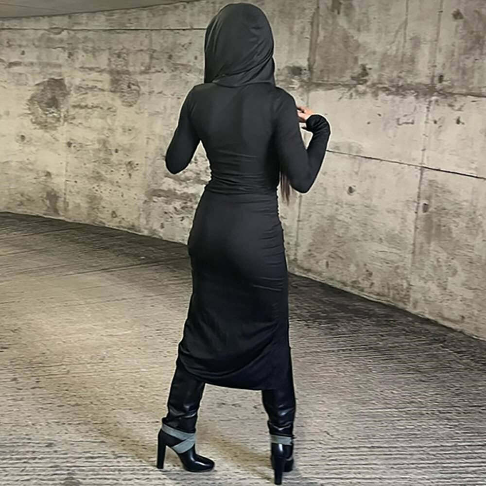 Y2K Gothic Witchy Hooded High Low Bodycon Dress - Retro 90s Grunge Summer Party Outfit
