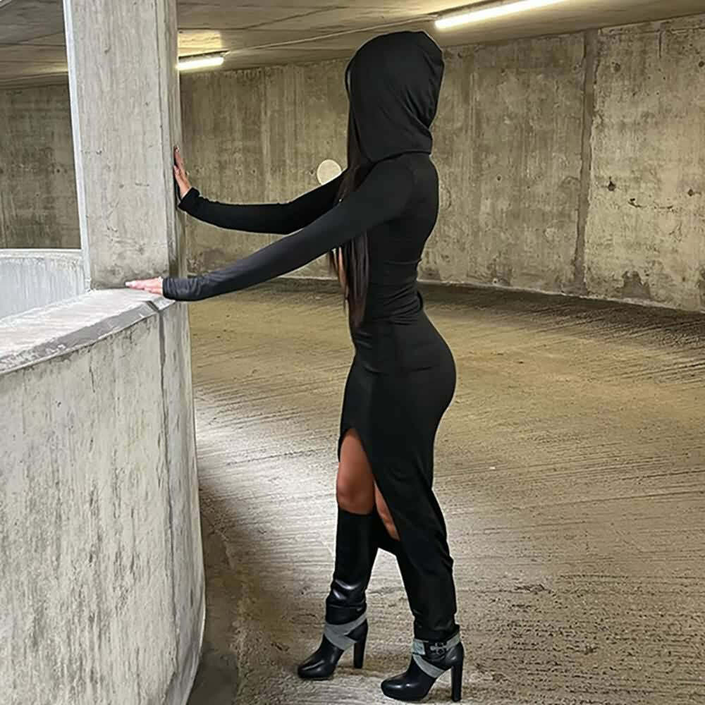 Y2K Gothic Witchy Hooded High Low Bodycon Dress - Retro 90s Grunge Summer Party Outfit