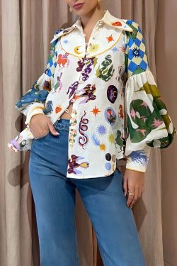 Y2K Graffiti Print Lapel Shirt with Lantern Sleeves - Retro 90s Grunge Summer Outfit