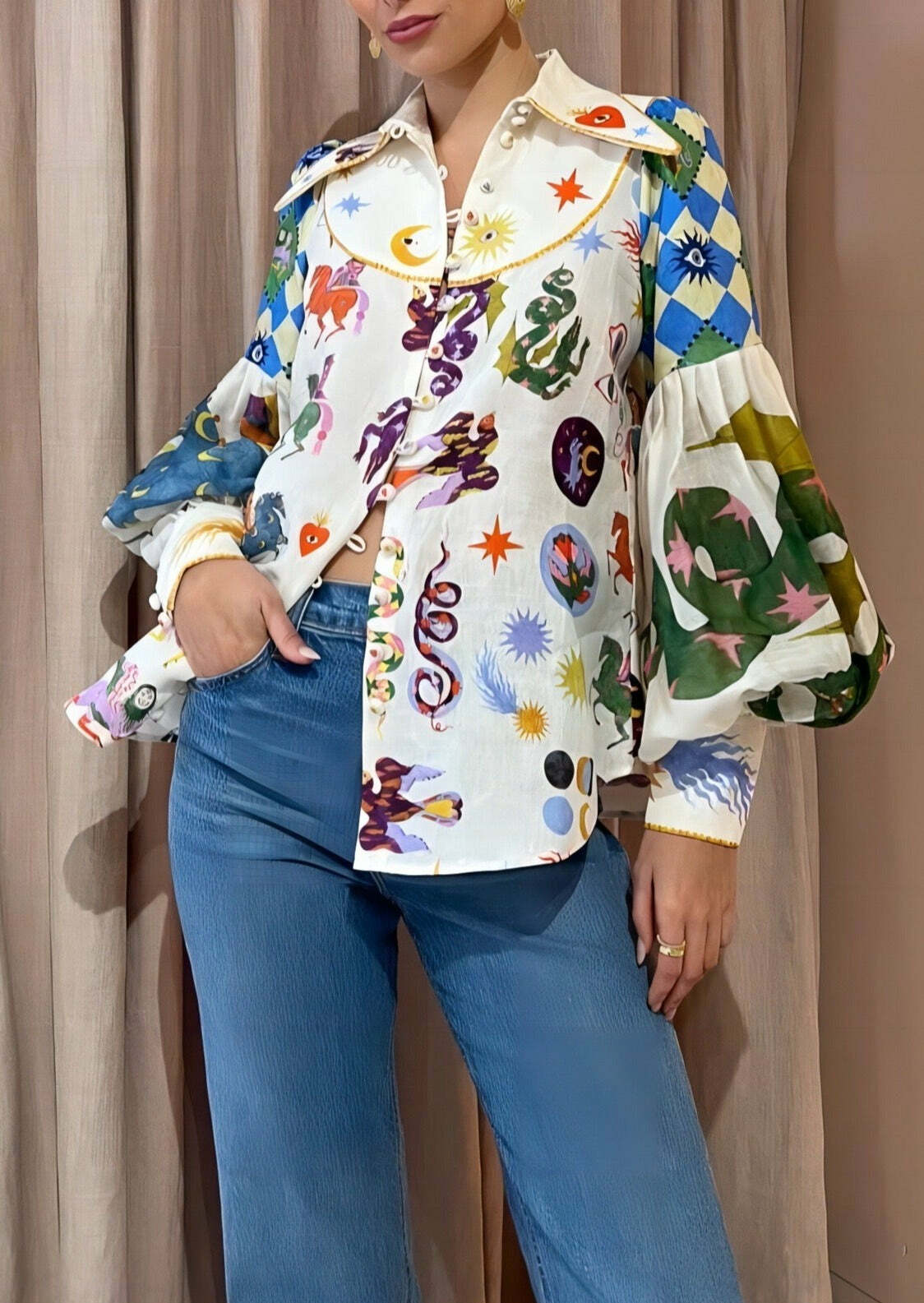 Y2K Graffiti Print Lapel Shirt with Lantern Sleeves - Retro 90s Grunge Summer Outfit