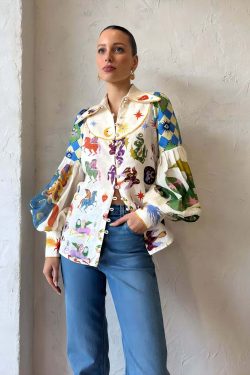 Y2K Graffiti Print Lapel Shirt with Lantern Sleeves - Retro 90s Grunge Summer Outfit