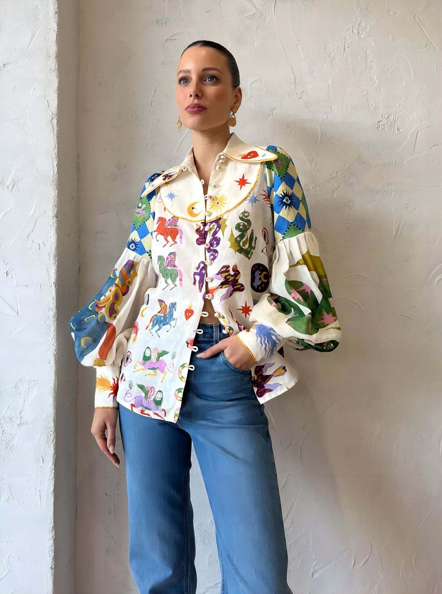 Y2K Graffiti Print Lapel Shirt with Lantern Sleeves - Retro 90s Grunge Summer Outfit