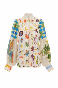 Y2K Graffiti Print Lapel Shirt with Lantern Sleeves - Retro 90s Grunge Summer Outfit