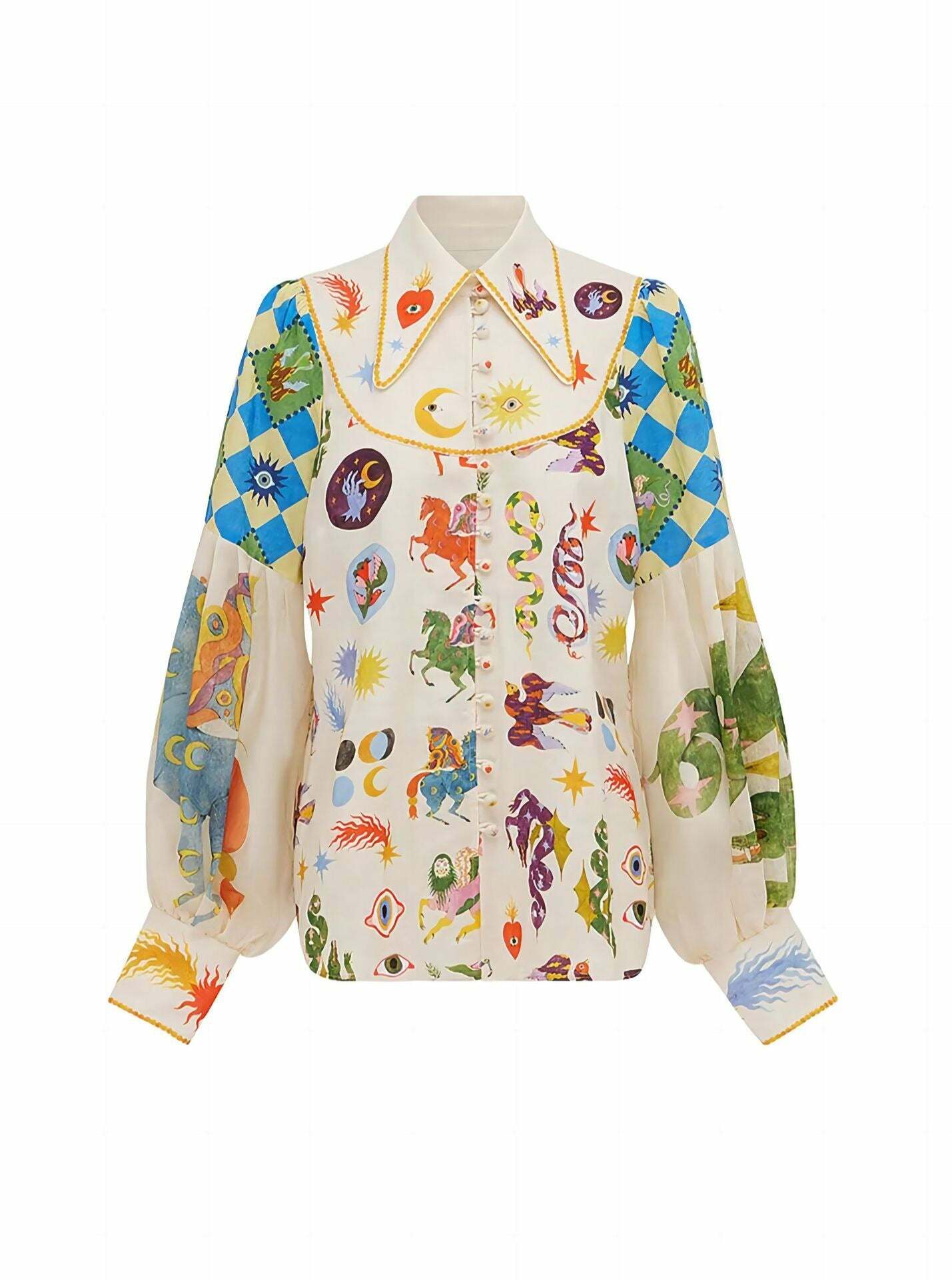 Y2K Graffiti Print Lapel Shirt with Lantern Sleeves - Retro 90s Grunge Summer Outfit