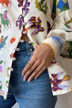 Y2K Graffiti Print Lapel Shirt with Lantern Sleeves - Retro 90s Grunge Summer Outfit