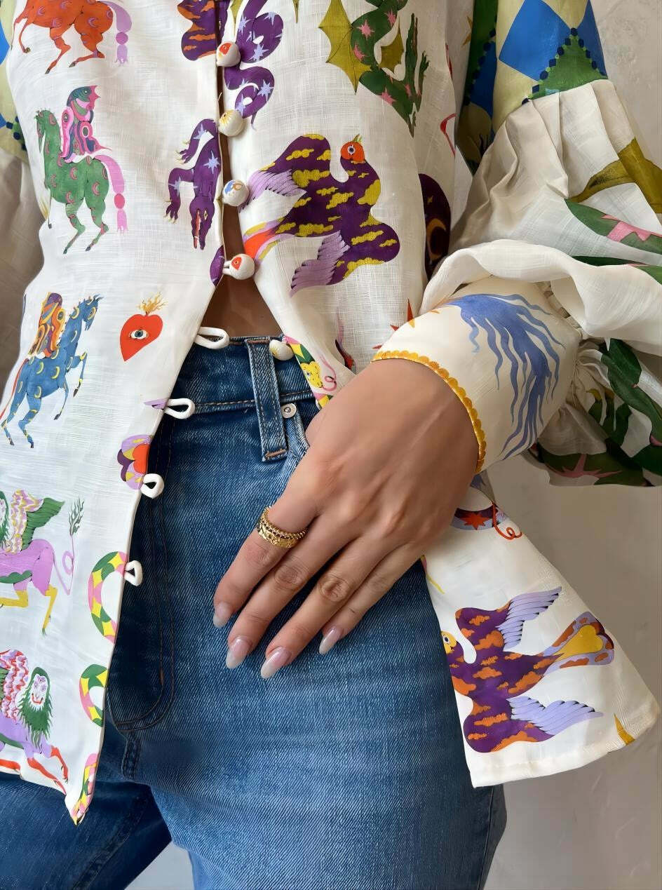 Y2K Graffiti Print Lapel Shirt with Lantern Sleeves - Retro 90s Grunge Summer Outfit