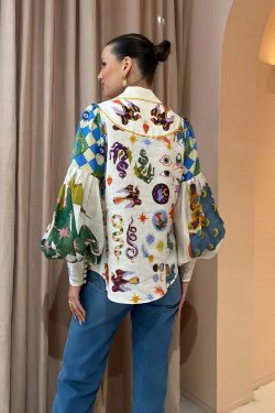 Y2K Graffiti Print Lapel Shirt with Lantern Sleeves - Retro 90s Grunge Summer Outfit