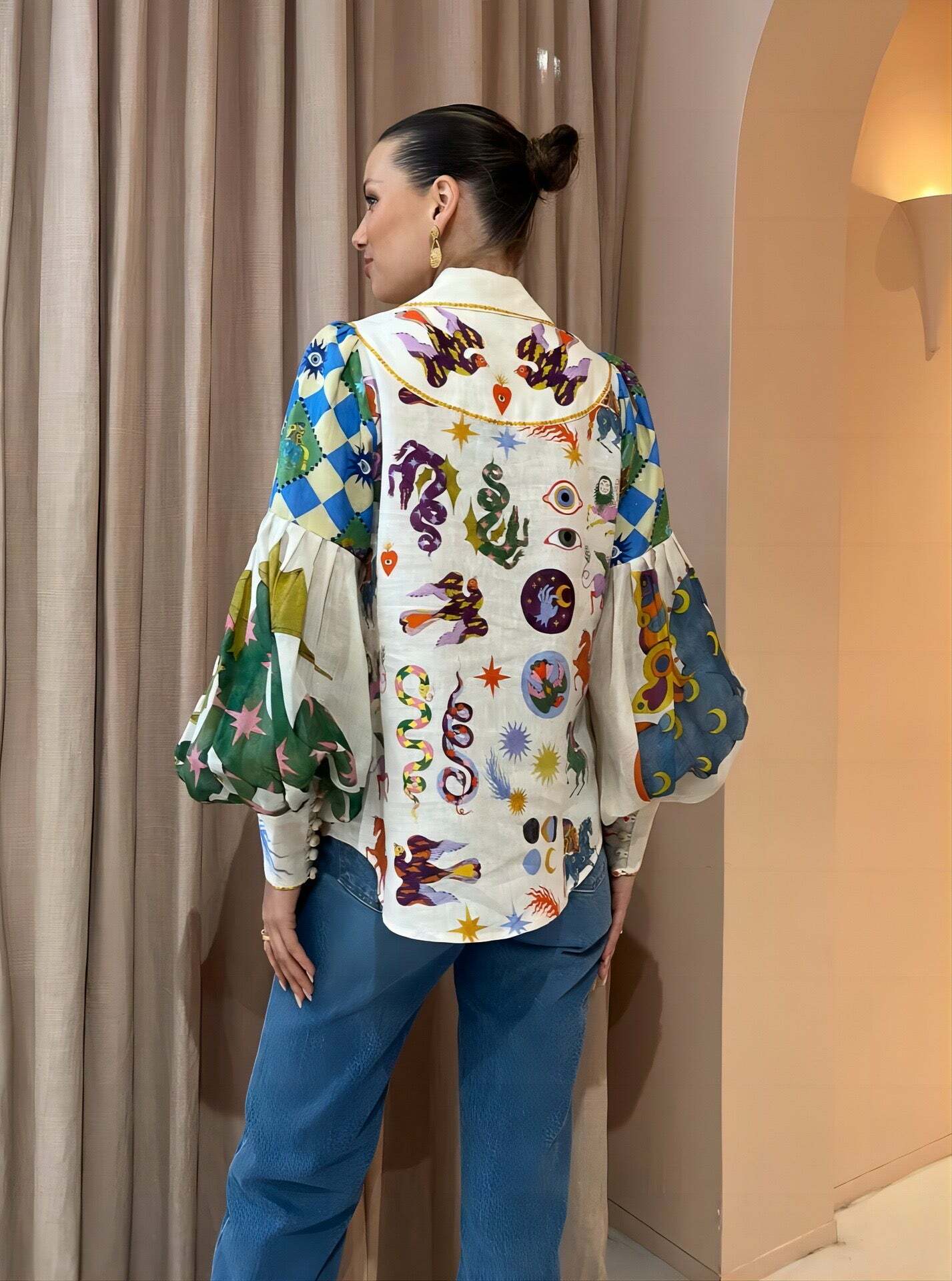 Y2K Graffiti Print Lapel Shirt with Lantern Sleeves - Retro 90s Grunge Summer Outfit