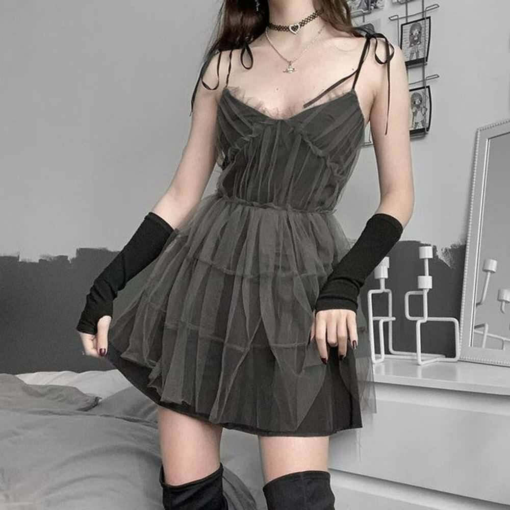 Y2K Gray Goth Grunge Mesh Overlay Mini Dress - 90s Fashion, Summer Outfits, Retro Style