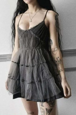 Y2K Gray Goth Grunge Mesh Overlay Mini Dress - 90s Fashion, Summer Outfits, Retro Style